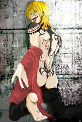 Rule 34 | 1boy, ass, blonde hair, gunji, looking at viewer, looking back, male focus, open mouth, solo, tattoo, togainu no chi, tongue, tongue out