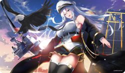 Rule 34 | 1girl, azur lane, bird, bow (weapon), breasts, cloud, cloudy sky, coat, cowboy shot, crossbow, eagle, enterprise (azur lane), flight deck, hair between eyes, hat, highres, large breasts, long hair, looking at viewer, military, military uniform, miniskirt, necktie, open clothes, open coat, open mouth, peaked cap, pleated skirt, purple eyes, ringoen apple, shirt, silver hair, skirt, sky, sleeveless, smile, solo, standing, thighhighs, uniform, weapon, white hat, white shirt