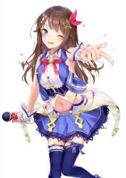 Rule 34 | 1girl, absurdres, asymmetrical bangs, belly, blouse, blue eyes, blue ribbon, blue skirt, blue thighhighs, blue vest, blush, brown hair, frilled sleeves, frills, hair flaps, hair ornament, highres, hololive, isutoon (ist3129), jewelry, leg ribbon, lips, long hair, looking at viewer, microphone, midriff, miniskirt, navel, neck ribbon, one eye closed, open mouth, red ribbon, ribbon, shirt, simple background, skirt, smile, solo, star (symbol), thigh ribbon, thighhighs, tokino sora, tokino sora (1st costume), vest, virtual youtuber, waist cape, white background, white shirt, wing collar