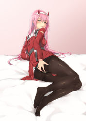 Rule 34 | 10s, 1girl, absurdres, black pantyhose, blush, darling in the franxx, feet, hentai kuwa, highres, horns, long hair, looking at viewer, no shoes, pantyhose, parted lips, pink hair, solo, zero two (darling in the franxx)