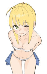 Rule 34 | 1girl, ahoge, arms behind back, artoria pendragon (all), artoria pendragon (fate), bikini, blonde hair, blush, breasts, cowboy shot, fate/stay night, fate (series), green eyes, highres, leaning forward, looking at viewer, navel, one eye closed, parted lips, saber (fate), sidelocks, simple background, sketch, small breasts, smile, solo, swimsuit, tenoo12, white background, white bikini