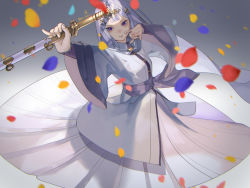 Rule 34 | 1girl, artist name, blunt bangs, confetti, grey background, hand up, holding, holding sword, holding weapon, long hair, pixiv fantasia, pixiv fantasia age of starlight, psyche (arcadia), purple empress ranrei, purple eyes, sheath, sheathed, standing, sword, weapon, wide sleeves