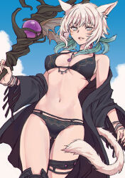 1girl adapted_costume alternate_costume animal_ears archon_mark bare_shoulders bikini black_bikini black_jacket blue_sky bracelet breasts cat_ears cat_girl cat_tail cowboy_shot day feather_hair_ornament feathers final_fantasy final_fantasy_xiv gluteal_fold hair_ornament highres holding holding_staff jacket jacket_partially_removed jewelry looking_at_viewer miqo&#039;te navel neck_tattoo open_clothes open_jacket outdoors parted_lips reitomo short_hair sky slit_pupils smile solo staff stomach swimsuit tail tattoo thigh_gap thigh_strap white_eyes white_hair wide_sleeves y&#039;shtola_rhul