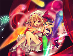 Rule 34 | 1girl, bad id, bad pixiv id, blonde hair, blush, embodiment of scarlet devil, fang, female focus, flandre scarlet, frills, glowing, hat, legs, long hair, mob cap, nail polish, pochi-t, ponytail, red eyes, red nails, ribbon, shoes, short hair, sitting, socks, solo, touhou, wings