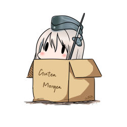 Rule 34 | 10s, 1girl, 2017, absurdres, bad id, bad pixiv id, blush, box, cardboard box, chibi, dated, german text, hair between eyes, hatsuzuki 527, highres, in box, in container, kantai collection, pale skin, peeking out, silver hair, simple background, solid oval eyes, solo, translated, twitter username, u-511 (kancolle), white background