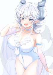 Rule 34 | breasts, cleavage, collar, daiichi (1279220), demon wings, earrings, grey eyes, highres, jewelry, large breasts, lovely labrynth of the silver castle, low wings, medium hair, one-piece swimsuit, pointy ears, swimsuit, tagme, transparent wings, white hair, wings, yu-gi-oh!