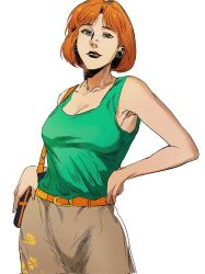 1girl bag belt borderline7839 breasts brown_belt brown_skirt earrings family_guy green_eyes green_tank_top hand_on_own_hip handbag highres jewelry lois_griffin looking_at_viewer mature_female medium_breasts orange_hair parted_lips red_lips simple_background skirt solo tank_top white_background