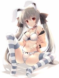 Rule 34 | animal ears, bare shoulders, black bow, bow, bow bra, bow panties, bra, breasts, brown jacket, cleavage, collarbone, commentary request, grey hair, hair between eyes, hair bow, jacket, long hair, long sleeves, medium breasts, mitha, navel, no shoes, off shoulder, open clothes, open jacket, original, panties, rabbit ears, red eyes, shadow, side-tie panties, solo, spread legs, striped bow, striped clothes, striped thighhighs, thighhighs, twintails, underwear, very long hair, white background, white bra, white panties
