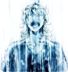 10s 1boy bad_id bad_pixiv_id barnaby_brooks_jr. blue_theme jewelry male_focus monochrome motion_lines necklace shirt solo t-shirt tears tiger_&amp;_bunny tsubakiya