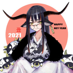 Rule 34 | 1girl, animal ears, animal print, bad id, bad pixiv id, blunt bangs, blush, breasts, cow ears, cow girl, cow horns, cow print, fur trim, glasses, horns, japanese clothes, kimono, large breasts, mole, mole under eye, original, smile, solo, srpzk, yellow eyes