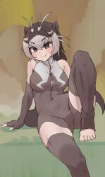 Rule 34 | 1girl, animal ears, antenna hair, arm support, bare shoulders, breasts, brown eyes, brown hair, closed mouth, elbow gloves, eyelashes, fang, fang out, fingerless gloves, giant otter (kemono friends), gloves, grey hair, hair between eyes, head tilt, highres, kemono friends, knee up, kyonin dofu, leaning back, light blush, long hair, looking at viewer, medium breasts, multicolored hair, one-piece swimsuit, otter ears, otter girl, otter tail, sitting, smile, solo, swimsuit, tail, tan, taut clothes, taut swimsuit, thighhighs, toeless legwear, toes, turtleneck, turtleneck one-piece swimsuit, twisted torso, two-tone hair, zipper