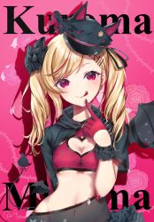 Rule 34 | 1girl, :q, black gloves, black headwear, black wings, blonde hair, breasts, character name, cleavage, cleavage cutout, clothing cutout, commission, demon wings, finger to own chin, gloves, hair ornament, hairclip, half gloves, heart cutout, highres, indie virtual youtuber, kuroma mihana, kuyu 14mm, medium breasts, multicolored hair, pink eyes, red hair, single sidelock, single wing, skeb commission, solo, streaked hair, swept bangs, tongue, tongue out, twintails, virtual youtuber, wings