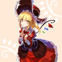 Rule 34 | alternate costume, alternate eye color, blonde hair, bow, clenched hands, dress, falken (yutozin), flandre scarlet, frills, lolita fashion, long skirt, long sleeves, looking at viewer, red bow, red dress, side ponytail, skirt, solo, touhou, wings, yellow eyes