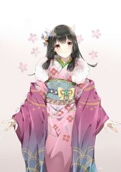 Rule 34 | 1girl, animal ears, bajiang, black hair, brown eyes, cherry blossoms, dated, extra ears, floral print, flower, hair flower, hair ornament, highres, japanese clothes, kimono, long hair, looking at viewer, original, standing, watermark