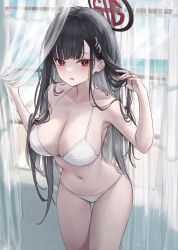 Rule 34 | 1girl, adjusting hair, at congju, bikini, black hair, blue archive, blunt bangs, breasts, bright pupils, cleavage, cowboy shot, hair ornament, hairclip, halo, highres, large breasts, long hair, navel, parted lips, red eyes, rio (blue archive), solo, swimsuit, white bikini