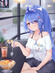 Rule 34 | 1girl, absurdres, alternate costume, alternate hairstyle, azur lane, bare shoulders, black shorts, blue hair, blue nails, blush, breasts, casual, commentary, english commentary, expressionless, food, fruit, hair ornament, hairclip, hand on own thigh, helena (azur lane), highres, indoors, kyl490, legs together, long hair, looking at viewer, medium breasts, nail polish, off-shoulder shirt, off shoulder, ponytail, print shirt, purple eyes, shirt, short shorts, short sleeves, shorts, sitting, solo, staring, strawberry, thighs, very long hair, white shirt