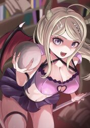 akamatsu_kaede blonde_hair breasts cleavage danganronpa_(series) demon_girl fang horns midriff purple_eyes wings