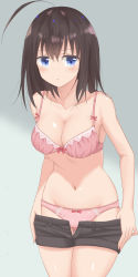 Rule 34 | 1girl, ahoge, bad id, bad pixiv id, black hair, black shorts, blue eyes, blush, bow, bow bra, bow panties, bra, breasts, cleavage, closed mouth, clothes pull, collarbone, commentary, cowboy shot, crotch seam, frown, gluteal fold, gradient background, heart, heart print, highres, lace, lace-trimmed bra, lace-trimmed panties, lace trim, leaning forward, looking at viewer, lycorisia elle, medium breasts, medium hair, navel, nerisan, no shirt, original, panties, pink bra, pink panties, print panties, pulled by self, short shorts, shorts, shorts pull, solo, standing, thigh gap, thighs, underwear, undressing