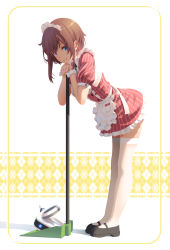 Rule 34 | 1girl, alice gear aegis, apron, black footwear, blue eyes, brown hair, closed mouth, commentary request, dress, dustpan, highres, holding, holding dustpan, kanagata sugumi, looking at viewer, maid headdress, pinakes, robot, smile, solo, striped clothes, striped dress, vertical-striped clothes, vertical-striped dress, waitress, white legwear