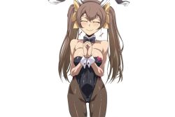Rule 34 | 10s, 1girl, animal ears, blush, bow, bowtie, breasts, brown hair, closed eyes, earrings, fake animal ears, female focus, huang lingyin, infinite stratos, jaga note, jewelry, large breasts, leotard, long hair, pantyhose, playboy bunny, rabbit ears, simple background, smile, solo, standing, twintails, white background, wrist cuffs