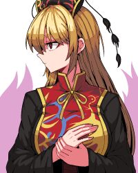 Rule 34 | 1girl, black dress, black headwear, blonde hair, chinese clothes, closed mouth, dress, ears, formicid, hand grab, junko (touhou), long hair, long sleeves, looking to the side, nose, phoenix crown, profile, red eyes, simple background, solo, tabard, touhou, upper body, white background, wide sleeves