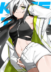 Rule 34 | 1girl, absurdres, bare shoulders, black hair, black tank top, closed mouth, colored inner hair, commentary request, fate/grand order, fate (series), green eyes, hair over one eye, highres, jacket, kodzukinagara, koha-ace, long hair, looking at viewer, midriff, multicolored hair, nagao kagetora (fate), navel, off shoulder, one eye covered, open clothes, open jacket, shorts, sleeveless, smile, solo, stomach, tank top, two-tone hair, very long hair, white hair, white jacket, white shorts