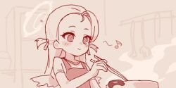 Rule 34 | 1girl, alternate costume, apron, blue archive, blush, chopsticks, closed mouth, cooking, cooking pot, forehead, halo, holding, holding chopsticks, humming, indoors, long hair, low wings, lowres, maibotsumou, mini wings, monochrome, musical note, oekaki, red theme, shirt, short sleeves, smile, solo, sora (blue archive), steam, t-shirt, two side up, upper body, wings