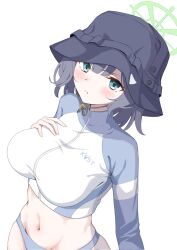 Rule 34 | &gt;:(, aqua eyes, bikini, bikini bottom only, black hair, black hat, blue archive, blue bikini, blue jacket, blush, breast suppress, breasts, bucket hat, closed mouth, commentary request, dutch angle, frown, green halo, halo, hat, highres, jacket, large breasts, long sleeves, looking at viewer, medium hair, midriff, multicolored clothes, multicolored jacket, navel, official alternate costume, saki (blue archive), saki (swimsuit) (blue archive), split mouth, swimsuit, tsurime, two-tone jacket, upper body, v-shaped eyebrows, white jacket, yuki aria