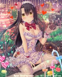 Rule 34 | 1girl, black hair, bow, breasts, candy, candy cane, cleavage, earrings, falkyrie no monshou, food, headdress, heart, heart earrings, jewelry, large breasts, long hair, looking at viewer, natsumekinoko, navel, official art, parted lips, red bow, red ribbon, ribbon, sitting, solo, thighhighs, valentine, white thighhighs, yellow eyes