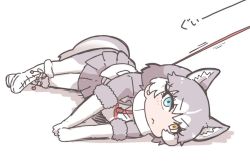 Rule 34 | 1girl, animal ear fluff, animal ears, blue eyes, boots, commentary request, dog (mixed breed) (kemono friends), dog ears, dog tail, elbow gloves, extra ears, fur trim, gloves, grey hair, harness, heterochromia, jacket, kemono friends, leash, lying, multicolored hair, on side, pantyhose, pleated skirt, scarf, short hair, short sleeves, skirt, solo, sweater, tail, tanaka kusao, white hair, yellow eyes