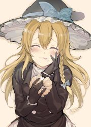 Rule 34 | 1girl, black gloves, blonde hair, blush, bow, braid, closed eyes, cookie (touhou), doughnut, eating, facing viewer, food, food on face, gloves, hair bow, hair ornament, hand on own face, hat, hat ribbon, jpeg artifacts, kirisame marisa, licking lips, long hair, long sleeves, mutsutake, orange background, rei (cookie), ribbon, side braid, simple background, single braid, smile, solo, tongue, tongue out, touhou, upper body, vest, witch hat