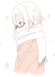 Rule 34 | 10s, 1girl, bad id, bad pixiv id, bespectacled, bow, bowtie, glasses, haine, kosaka yukiho, love live!, love live! school idol project, monochrome, scarf, scarf over mouth, semi-rimless eyewear, simple background, snowing, solo, under-rim eyewear, upper body, white background