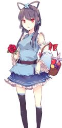 Rule 34 | 1girl, a558246, asymmetrical legwear, bare shoulders, basket, belt, detached sleeves, flower, food, fruit, grey hair, hair flower, hair ornament, long hair, looking at viewer, luo tianyi, mismatched legwear, open mouth, red eyes, rose, short hair with long locks, simple background, single sock, single thighhigh, skirt, socks, solo, thighhighs, vocaloid, white background
