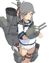 Rule 34 | 1girl, adapted turret, alchera, bad id, bad twitter id, blue sailor collar, brown eyes, cannon, commentary request, cowboy shot, grey hair, kantai collection, long hair, lowleg, lowleg panties, machinery, no pants, old school swimsuit, one-piece swimsuit, panties, sailor collar, sailor shirt, school swimsuit, school uniform, serafuku, shirt, simple background, solo, swimsuit, swimsuit under clothes, torpedo launcher, turret, underwear, usugumo (kancolle), white background, white one-piece swimsuit, white panties