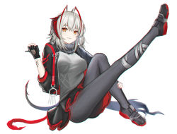 Rule 34 | 1girl, ahoge, antennae, arknights, bandaged leg, bandages, black footwear, black gloves, black jacket, black skirt, breasts, commentary, cundang, fingerless gloves, gloves, grey pantyhose, grey shirt, hair between eyes, hand up, holding, horns, jacket, knee up, leg up, long sleeves, looking at viewer, medium breasts, miniskirt, open clothes, open jacket, pantyhose, parted lips, red eyes, shirt, shoes, short hair, silver hair, simple background, sitting, skirt, smile, solo, tail, thighs, w (arknights), white background