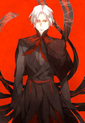 Rule 34 | 1boy, bad id, bad pixiv id, cape, dark persona, facial hair, fate/zero, fate (series), goatee, kottie, male focus, red background, red eyes, robe, simple background, solo, tohsaka tokiomi, white hair