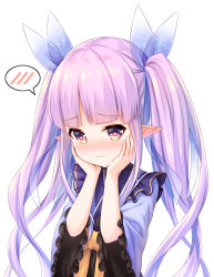 Rule 34 | 1girl, blue kimono, blue ribbon, blush, brown eyes, closed mouth, commentary request, ear blush, hair ribbon, hands on own face, hands up, highres, japanese clothes, kimono, kyouka (princess connect!), long hair, nose blush, pointy ears, princess connect!, purple hair, ribbon, short sleeves, simple background, solo, spoken blush, tomo (tmtm mf mf), twintails, very long hair, wavy mouth, white background, wide sleeves