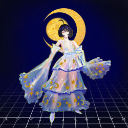 Rule 34 | 1girl, absurdres, antenna hair, bare shoulders, black hair, blue background, breasts, cleavage, cokeanut10, coordinates, crescent, crescent print, detached sleeves, dress, full body, gradient background, hand on own hip, high heels, highres, long dress, moon, original, parted lips, see-through, see-through dress, short hair, sleeveless, sleeveless dress, small breasts, solo, standing, star (symbol), star print, wide sleeves