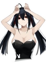 Rule 34 | 1girl, ahoge, azur lane, bad id, bad twitter id, bare shoulders, black hair, black leotard, breasts, cleavage, closed mouth, collarbone, crossed bangs, eyelashes, hair between eyes, hair ribbon, head tilt, highres, large breasts, leotard, long hair, looking at viewer, playboy bunny, rabbit pose, red eyes, red ribbon, ribbon, rrr ato, simple background, smile, solo, strapless, strapless leotard, taihou (azur lane), twintails, white background