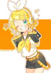 Rule 34 | 1girl, absurdres, belt, black sailor collar, black shorts, black sleeves, blonde hair, bon bon eee, bow, character name, collarbone, crop top, detached sleeves, double v, flat chest, green eyes, grin, hair bow, hair ornament, hairclip, headphones, headset, highres, kagamine rin, light blush, looking at viewer, midriff, navel, neckerchief, one eye closed, orange background, polka dot, polka dot background, sailor collar, short hair, shorts, smile, solo, star (symbol), swept bangs, v, vocaloid, yellow belt, yellow neckerchief