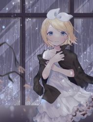 Rule 34 | 1girl, black shirt, blonde hair, blue eyes, blurry, bow, burnt clothes, clothes grab, clothes pull, collarbone, crying, crying with eyes open, depth of field, dress, flat chest, frilled dress, frills, hair bow, hair ornament, hairclip, highres, kagamine rin, looking at viewer, open clothes, open shirt, rain, sad, sazanami (ripple1996), shirt, shirt on shoulders, shirt pull, short hair, solo, spaghetti strap, tears, vocaloid, water drop, white dress, window