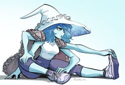 Rule 34 | 1girl, :o, alternate costume, blue eyes, blue hair, blue skin, blush, cape, chris metzner, colored skin, commentary, elden ring, english commentary, extra arms, fur cape, hat, highres, pants, purple pants, ranni the witch, shirt, shoes, sneakers, solo, stretching, white hat, white shirt, witch hat