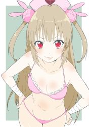Rule 34 | 1girl, absurdres, bad id, bad twitter id, bandages, bikini, blush, bow, closed mouth, collarbone, donguri suzume, frilled bikini, frilled bikini top, frills, from above, groin, hair ornament, hands on own hips, hat, highres, light brown hair, looking at viewer, natori sana, navel, nurse cap, pink bow, pink hat, rabbit hair ornament, red eyes, sana channel, side-tie bikini bottom, solo, swimsuit, thighs, two side up, virtual youtuber, wavy mouth
