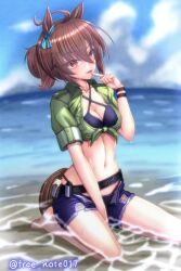 Rule 34 | 1girl, agnes tachyon (lunatic lab) (umamusume), agnes tachyon (umamusume), ahoge, animal ears, arm up, barefoot, beach, bikini, black bikini, blue sky, blush, bracelet, breasts, brown hair, cleavage, cleavage cutout, clothing cutout, commentary request, criss-cross halter, cross-laced footwear, denim, denim shorts, finger to mouth, free note017, green shirt, grin, hair between eyes, halterneck, horse ears, horse girl, horse tail, jewelry, kii-kun (agnes tachyon) (umamusume), medium breasts, navel, official alternate costume, on ground, open clothes, open fly, open shorts, sand, shirt, short hair, shorts, sitting, sky, sleeves rolled up, smile, solo, summer, swimsuit, tail, test tube, thigh strap, tied shirt, umamusume, wariza, water