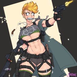 Rule 34 | 1girl, abs, ammunition pouch, breasts, buckle, cigar, coat, commentary, dual wielding, earrings, english commentary, green eyes, gun, handgun, highres, holding, holding gun, holding weapon, holster, jewelry, knife in mouth, kunai, large breasts, muscular, muscular female, necklace, obliques, optical sight, orange hair, original, pouch, shardanic, shaved head, short hair, shorts, shotgun, shoulder holster, snap-fit buckle, solo, toned, underboob, weapon