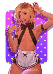 Rule 34 | 1girl, apron, arm up, armband, armpits, artist name, black armband, black bow, black bowtie, black ribbon, blonde hair, border, bow, bowtie, breasts, collar, commentary, cropped legs, ear piercing, english commentary, frilled apron, frills, gradient background, halterneck, head tilt, heart, inhoso, instagram logo, lipstick, looking at viewer, makeup, nail polish, naked apron, original, outside border, patreon logo, piercing, pink background, pointy ears, purple background, red eyes, red lips, red nails, ribbon, shadow, short hair, small breasts, solo, twitter logo, white border, wrist cuffs