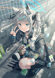 Rule 34 | 1girl, alternate costume, alternate hairstyle, animal ear fluff, animal ears, bag, black footwear, black jacket, black nails, black necktie, blue archive, blue eyes, blue halo, blush, bottle, cigarette, collared shirt, cross hair ornament, cup, drink, drinking straw, extra ears, fingernails, grey hair, grey skirt, hair ornament, halo, headphones, headphones around neck, highres, hirokazu (analysis-depth), holding, holding cup, jacket, jewelry, long sleeves, looking at viewer, medium hair, mismatched pupils, nail polish, necktie, open clothes, open jacket, open mouth, outdoors, plaid, plaid skirt, pleated skirt, ring, shiroko (blue archive), shirt, shoes, skirt, solo, squatting, umbrella, v, white shirt, wolf ears