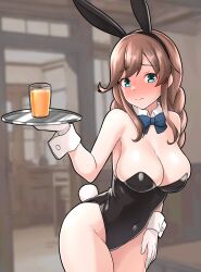 Rule 34 | 1girl, animal ears, bar (place), bare legs, bare shoulders, black leotard, blush, bow, bowtie, braid, breasts, brown hair, cleavage, cup, detached collar, fake animal ears, fake tail, furaggu (frag 0416), green eyes, highres, juice, kantai collection, large breasts, leotard, long hair, looking at viewer, noshiro (kancolle), playboy bunny, rabbit ears, rabbit tail, strapless, strapless leotard, tail, traditional bowtie, tray, twin braids, wrist cuffs