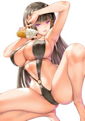 Rule 34 | 1girl, arm up, armpits, barefoot, black hair, black one-piece swimsuit, blunt bangs, breasts, cleavage, dead or alive, dead or alive 5, food, hime cut, ice cream, ice cream cone, large breasts, lips, long hair, looking at viewer, mole, mole under mouth, navel, nyotengu, o-ring, o-ring swimsuit, one-piece swimsuit, purple eyes, saburou (hgmg), simple background, smile, solo, swimsuit, thighs, tongue, tongue out, white background