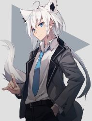 Rule 34 | 1boy, absurdres, ahoge, animal ear fluff, animal ears, black pants, black ribbon, blue eyes, blue necktie, braid, closed mouth, collared shirt, dress shirt, ear piercing, fox ears, fox girl, fox shadow puppet, fox tail, genderswap, genderswap (ftm), grey background, grey jacket, hair between eyes, hair ribbon, hand in pocket, highres, ho/laurent, hololive, hololive gamers, jacket, long hair, long sleeves, looking at viewer, low ponytail, male focus, nagishiro mito, necktie, open clothes, open jacket, pants, piercing, ponytail, ribbon, shirakami fubuki, shirakami fubuki (ho/laurent), shirt, side braid, sidelocks, smile, solo, tail, tail raised, two-tone background, very long hair, virtual youtuber, white hair, white shirt